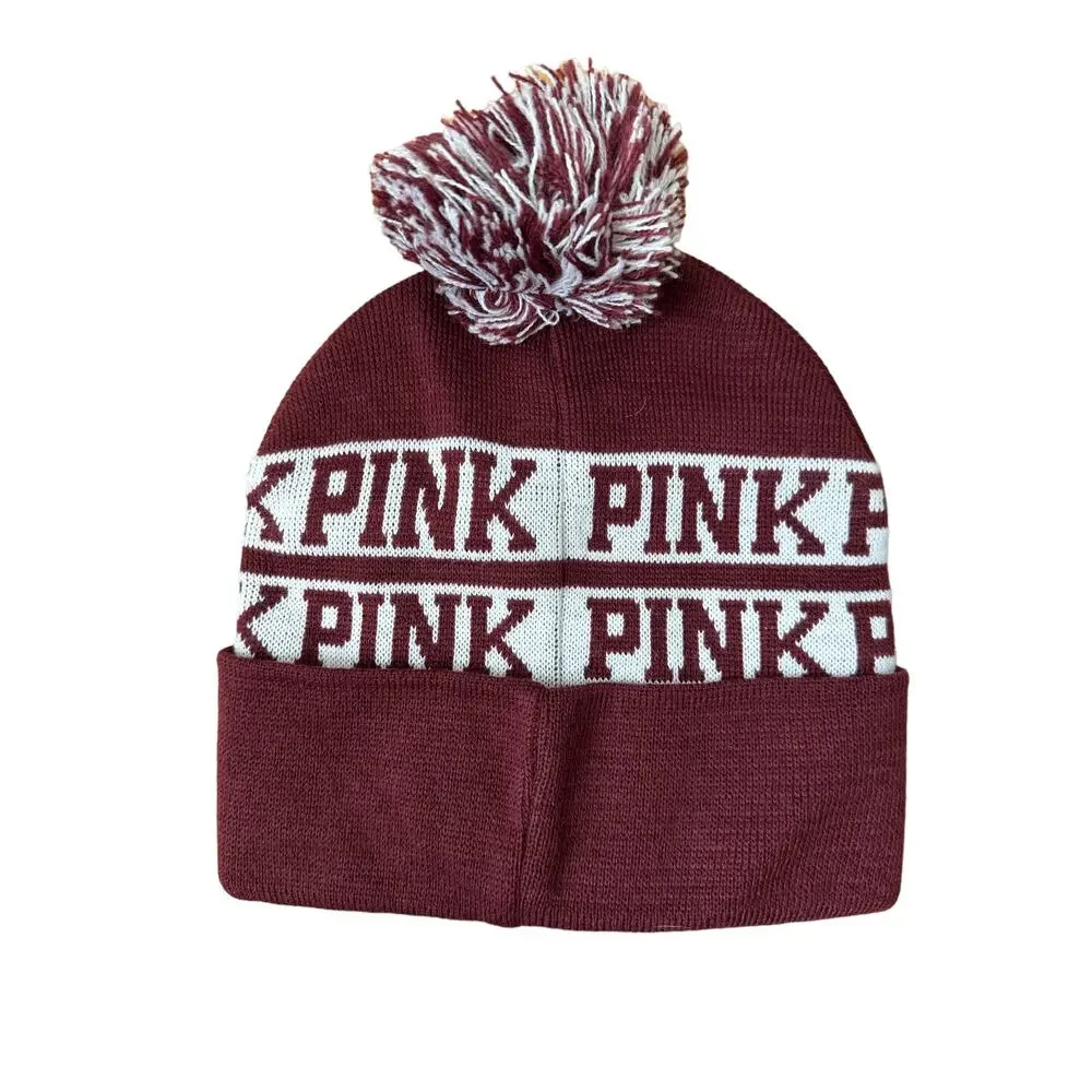 PINK Victoria's Secret Maroon & White Pom-Pom Beanie Hat New
